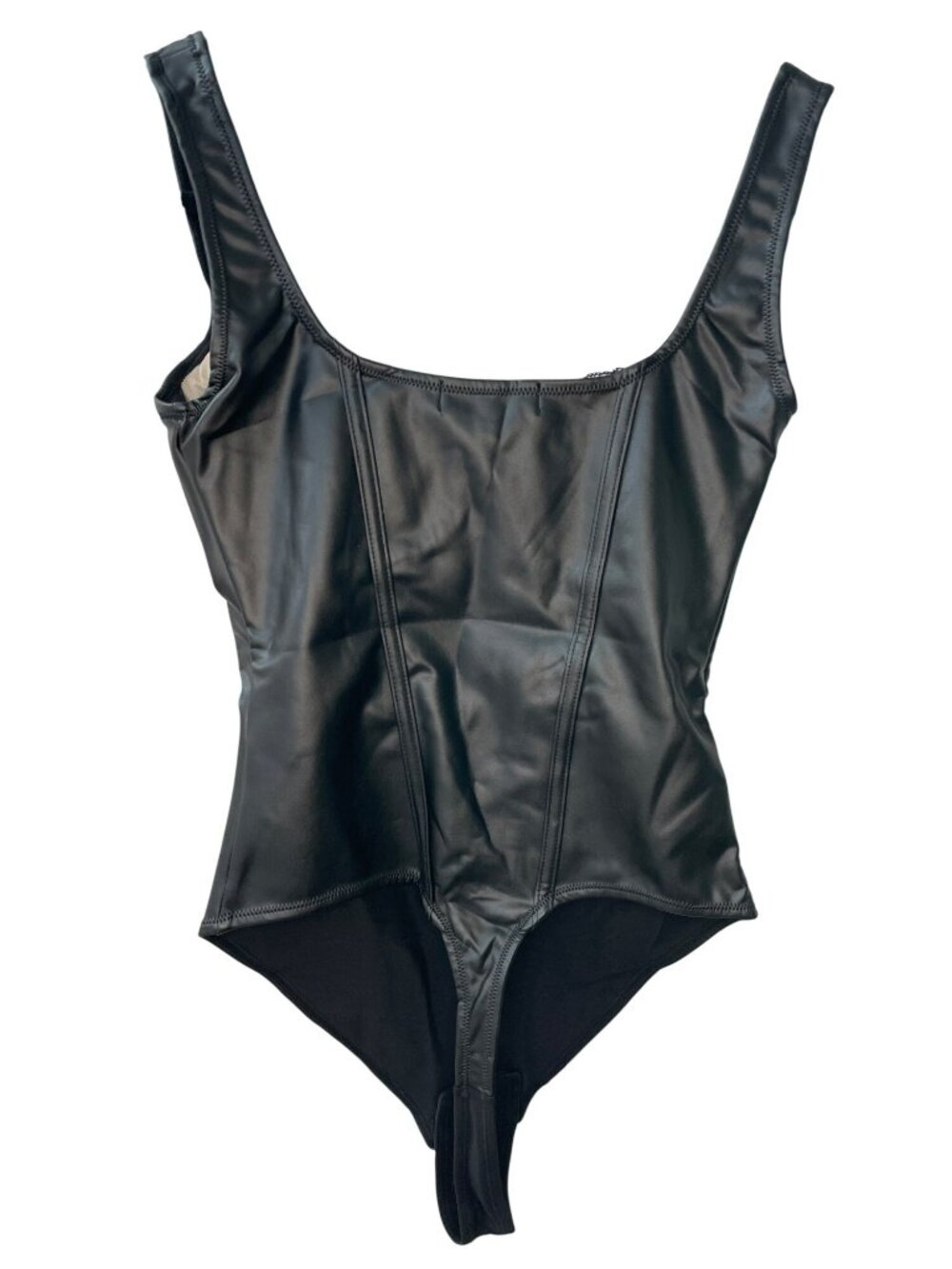 Popilush Shapewear Black Faux-Leather Bodysuit Built-in Bra Side Zip Size XS NWT - Picture 2 of 10